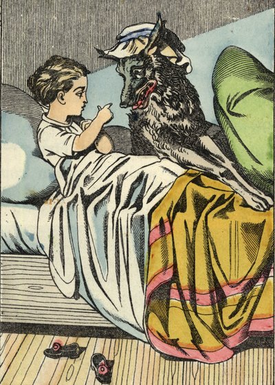 Cappuccetto Rosso chiede al lupo: "Nonna, che denti grandi hai!". Illustrazione della fiaba "Cappuccetto Rosso" di Charles Perrault da Unknown artist
