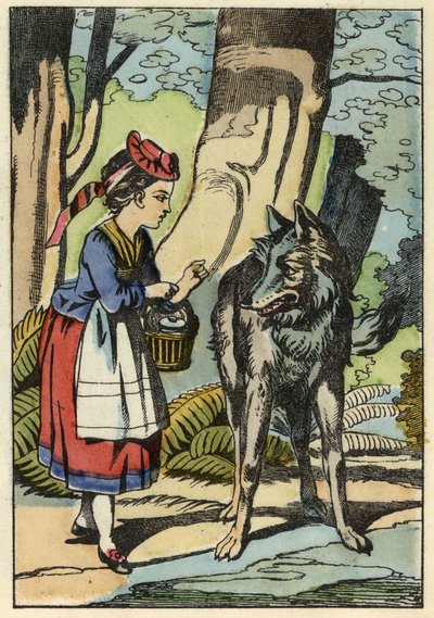 Cappuccetto Rosso incontra il lupo nella foresta. Illustrazione del racconto "Cappuccetto Rosso" di Charles Perrault da Unknown artist