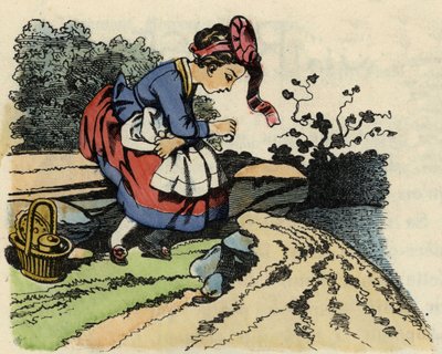 Cappuccetto Rosso si riposa lungo la strada. Illustrazione della fiaba "Cappuccetto Rosso" di Charles Perrault da Unknown artist