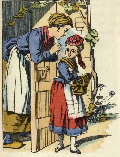 La madre di Cappuccetto Rosso le dà le ultime raccomandazioni per andare a casa della nonna. Illustrazione della fiaba "Cappuccetto Rosso" di Charles Perrault da Unknown artist