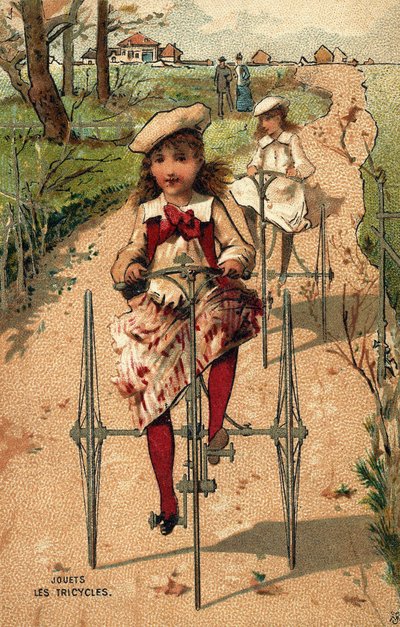 Bambine che fanno tricicli. Cromolitografia intorno al 1890 da Unknown artist