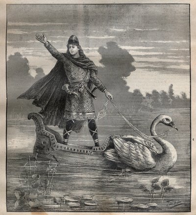 Lohengrin in una navicella trainata da un cigno, scena dell