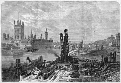 Londra, costruzione dei moli sulla riva sud del Tamigi, di fronte alla città amministrativa di Westminster sulla riva nord. In “L