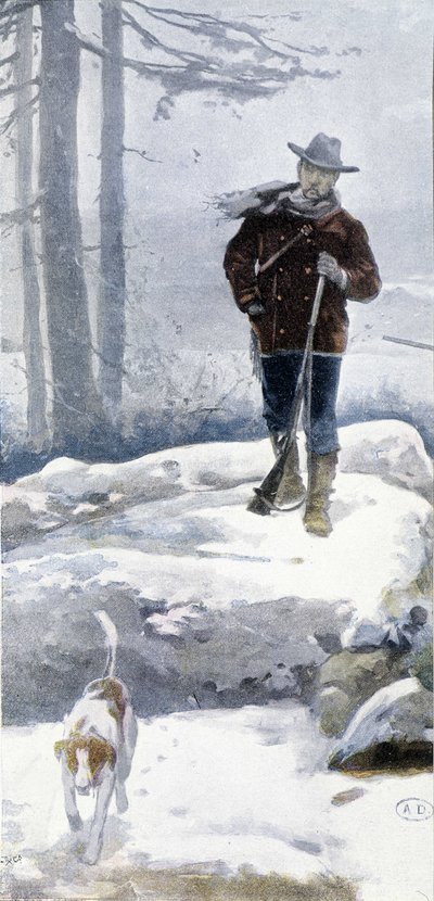 Cacciatore solitario con cane in un paesaggio innevato, fine XIX secolo da Unknown artist