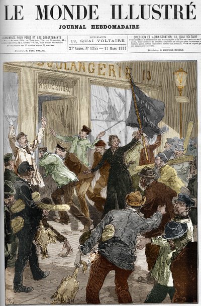 Louise Michel (1833-1905), rivoluzionaria francese, sventola una bandiera nera con la scritta 