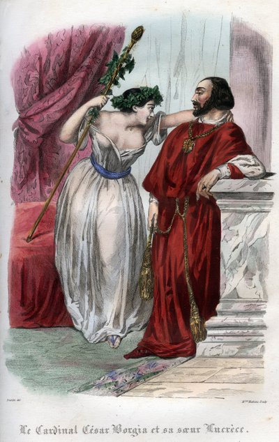 Lucrezia Borgia (1480-1519) con suo fratello Cesare Borgia. Incisione del 1842 in 