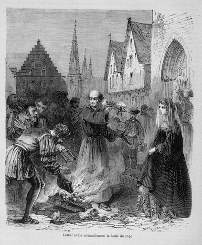Lutero brucia solennemente la bolla papale - in "Histoire des papes" di Maurice Lachatre, XIX secolo da Unknown artist