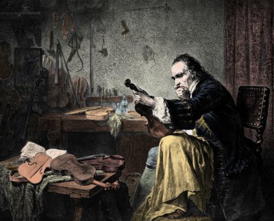 Liutaio Stradivari (Antonio Stradivari) (1644-1737) nella sua bottega. Incisione di Hammann. Designer di violini Antonio Stradivari (Stradivarius) al lavoro da Unknown artist