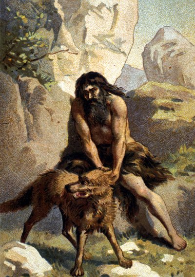 Licantropia: Delirio di chi pensa di essere trasformato in un lupo. Cromolitografia del XIX secolo da Unknown artist