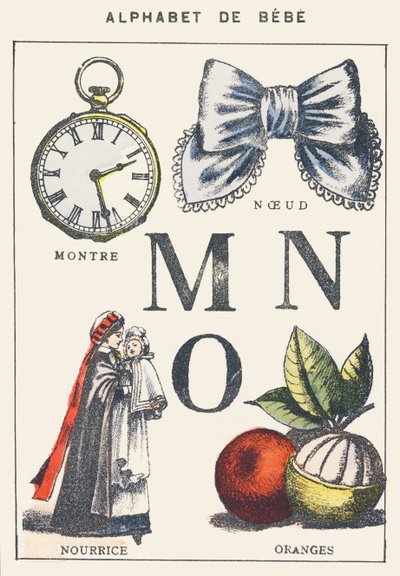 M N O: orologio, nodo, infermiera, arance da Unknown artist