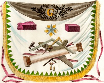 Grembiule massonico raffigurante simboli della massoneria. Incisione del XIX secolo Collezione privata da Unknown artist
