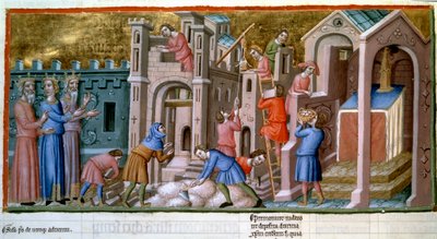 Muratori, tagliapietre e operai in un cantiere di una città. Miniatura del XIV secolo 