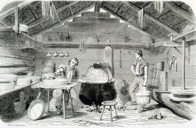 Produzione del formaggio Gruyère in uno chalet svizzero, o caseificio nelle Alpi - in "Le meraviglie dell