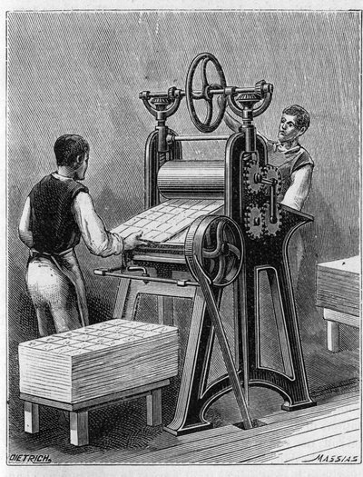 Fabbricazione di carte da gioco con i vecchi metodi. Cilindro di carte da gioco. Incisione del 1893. da Unknown artist