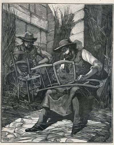 Fabbricazione di sedie: impagliatura e caning di sedie. Incisione del 1885 in "Les arts et métiers illustrés" di Adolphe Bitard. da Unknown artist