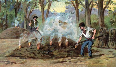 Fabbricazione del carbone, forno di combustione. Cromolitografia della fine del XIX secolo da Unknown artist