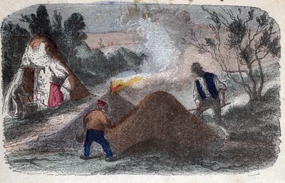 Fabbricazione del carbone nel XIX secolo: carbonai davanti a macine composte di legno e argilla a cui danno fuoco. Incisione fine XIX secolo da Unknown artist