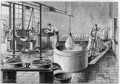 Fabbricazione del gruyere: una moderna fabbrica di formaggio. Incisione in "La Nature: revue des sciences et de leurs applications aux arts et a l