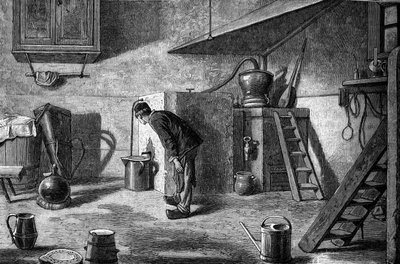 Fabbricazione del kirsch: distillazione, castello di Isenberg in Alsazia. Incisione in "Le Journal de la jeunesse" da Unknown artist