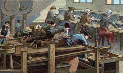 Fabbricazione di coltelli, laboratorio di stampaggio. Cromolitografia della fine del XIX secolo da Unknown artist