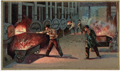 Fabbricazione del gas illuminante: caricamento del cornu. Cromolitografia della fine del XIX secolo da Unknown artist