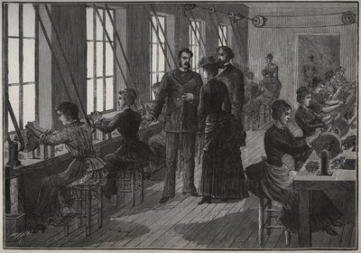 Fabbricazione di piume di metallo: officina di affilatura in Francia nel XIX secolo. Incisione del 1885 in 