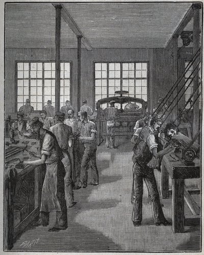 Fabbricazione di portapenne e portamatite. Incisione del 1885 in 