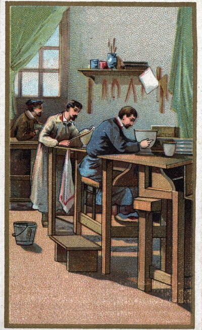 Fabbricazione di porcellana: tornitura. Cromolitografia della fine del XIX secolo da Unknown artist