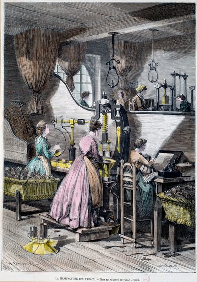 Fabbrica di tabacco, confezionamento del tabacco da fumo. Litografia del 1867 Parigi, Museo Carnavalet da Unknown artist
