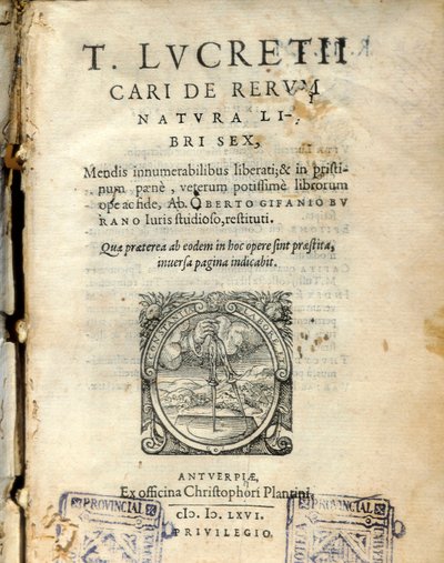 Pagina manoscritta del volume 6 di "De natura rerum" (Della natura delle cose) del filosofo latino Lucrezio (Tito Lucrezio Caro) (98-55 a.C.) 1564 da Unknown artist