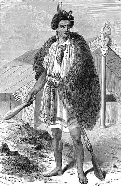 Capo Maori nei pressi di Auckland, Nuova Zelanda. Incisione 1885 da Unknown artist