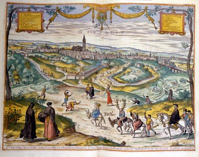 Mappa della città di Siviglia nel 1590. In basso a destra, il popolo del villaggio prende in giro un cornuto sul suo asino. da Unknown artist