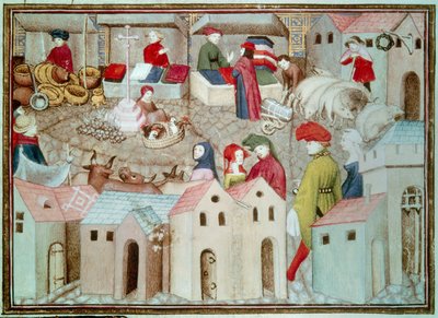 Marche de Champeaux a Parigi. Commercianti di bestiame e pollame, drappieri. Miniatura tratta da "Il cavaliere errante" di Thomas de Saluces (Tommaso III di Saluzzo), circa 1403-1404. Parigi, B.N. da Unknown artist