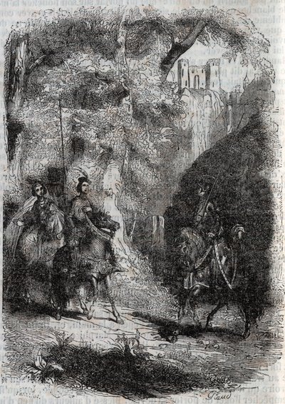 Marfisa e la vecchia incontrano Pinabel - incisione del 1851 da "Orlando furioso" (XVI secolo) di Ludovico Ariosto, noto come l