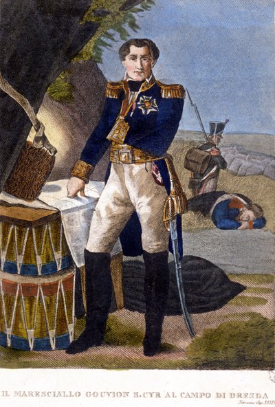 Maresciallo Laurent Marchese di Gouvion Saint Cyr (1764-1830) alla Battaglia di Dresda nel 1813. incisione del XIX secolo da Unknown artist