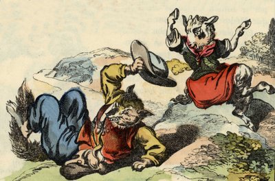 Maestro volpe gioca con Piccola Capretta. Illustrazione del racconto 