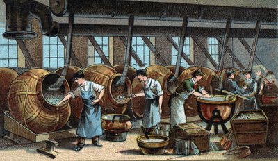Produzione meccanica di confetti. Cromolitografia della fine del XIX secolo da Unknown artist