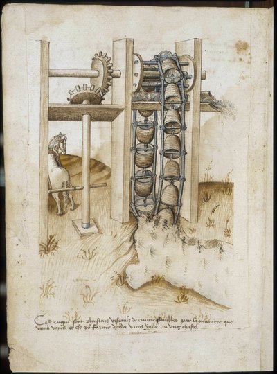Sistema meccanico con ruota a forza di cavallo per scavare la terra - Manoscritto: foglio di pergamena di un manuale di ingegneria per la costruzione di edifici civili, religiosi e militari, anonimo, fine XV secolo (figura in inchiostro cinese) da Unknown artist