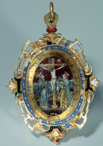 Medaglione in smalto su oro rotondo decorato con crocifissione e fuga in Egitto da Unknown artist