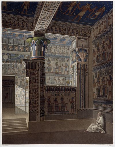 Memnonium Tebe, pl 37: Vista prospettica interna colorata del tempio dell