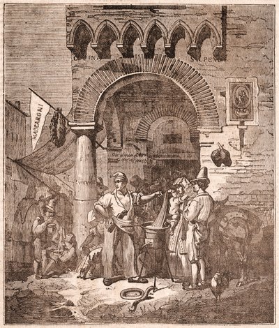 Mercante che cucina pasta in una pentola, scena italiana da Unknown artist