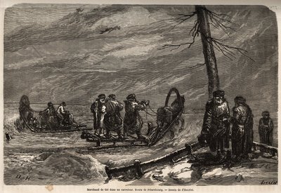 Mercante ambulante, a un incrocio innevato della strada per San Pietroburgo. Disegno di Henriet, per illustrare il suo viaggio nelle province baltiche russe nel 1851-54. Incisione in "Le tour du monde", a cura di Edouard Charton. da Unknown artist