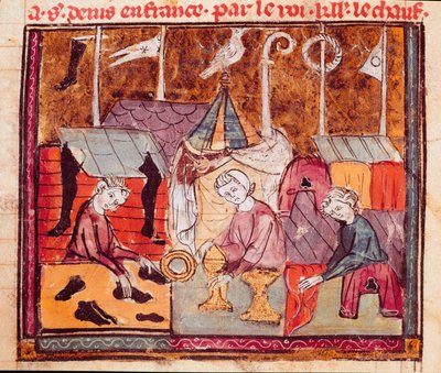 Mercanti (calzolaio, orefice, mercante di tessuti) alla fiera di Lendit vicino a Saint Denis. Miniatura tratta da 