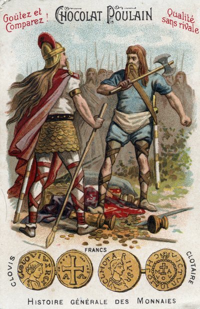 Merovingi: Clodoveo I che abbatte il soldato che aveva rotto il vaso di Soissons, nel 486. In Storia Generale delle Monete. Cromolitografia al cioccolato della fine del XIX secolo. Collezione privata. da Unknown artist