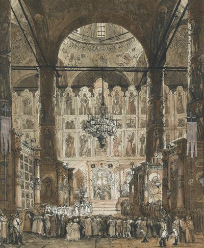Messa alla cattedrale della Dormizione del Cremlino a Mosca, Russia da Unknown artist