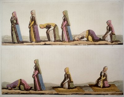 Metodo per le posizioni di preghiera dei musulmani. In "Il Costume Antico e Moderno" 1819-1820, di Ferrario. da Unknown artist