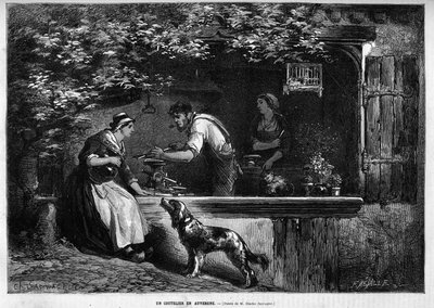 Mestiere e artigiano: un coltellinaio in Alvernia. Incisione in "Le Monde Illustré" 1883. Collezione privata da Unknown artist