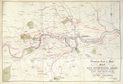 Mappa del Metropolitan Board of Works del piano di Bazalgette per le Linee dei Principali Fognature Intercettanti, costruite per il Miglioramento del Drenaggio della Metropoli da Unknown artist
