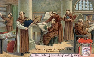 Monaco del Medioevo che scrive manoscritti. Cromolitografia, immagine Liebig da Unknown artist