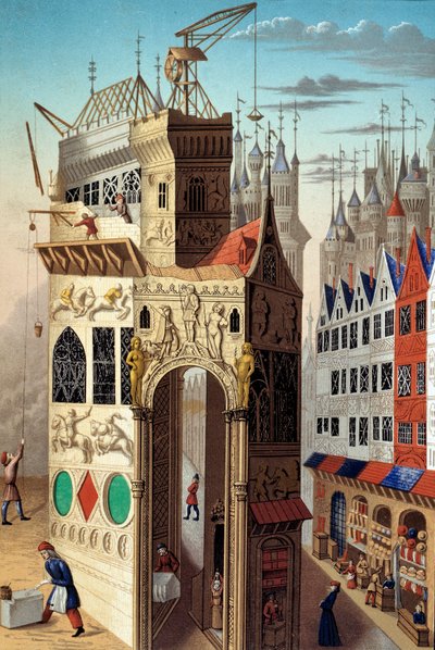 Medioevo: scena di strada nel XV secolo. Commercianti e lavoratori in una strada, XX secolo (illustrazione) da Unknown Artist